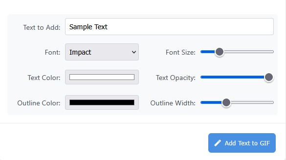Add Text to GIF tool controls showing font, size, color, and position options
