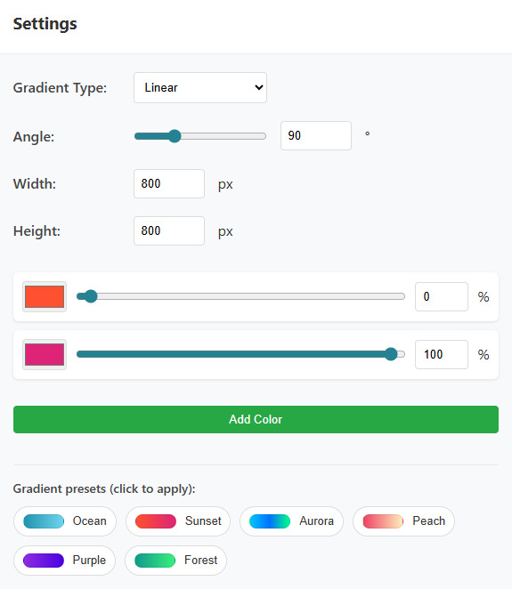 SVG Gradient Generator controls for type, angle, color stops, and presets