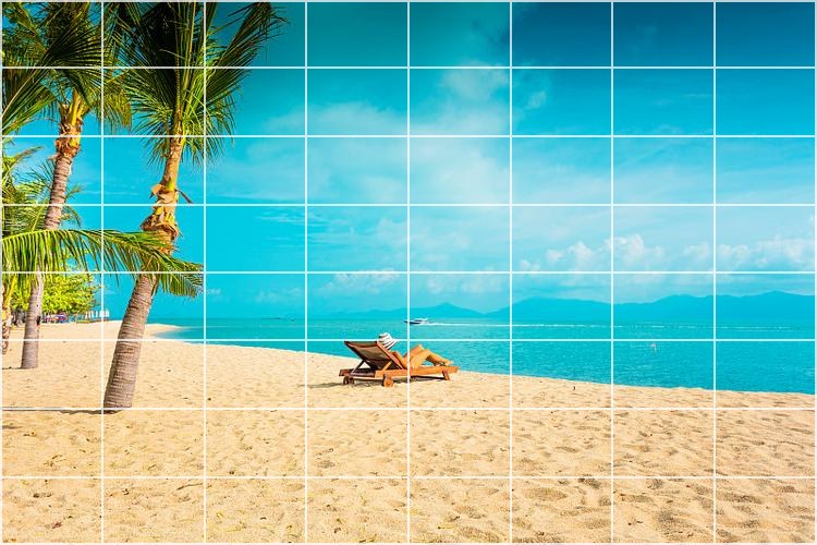 Same beach photo with an 8 by 8 solid white grid and outer border
