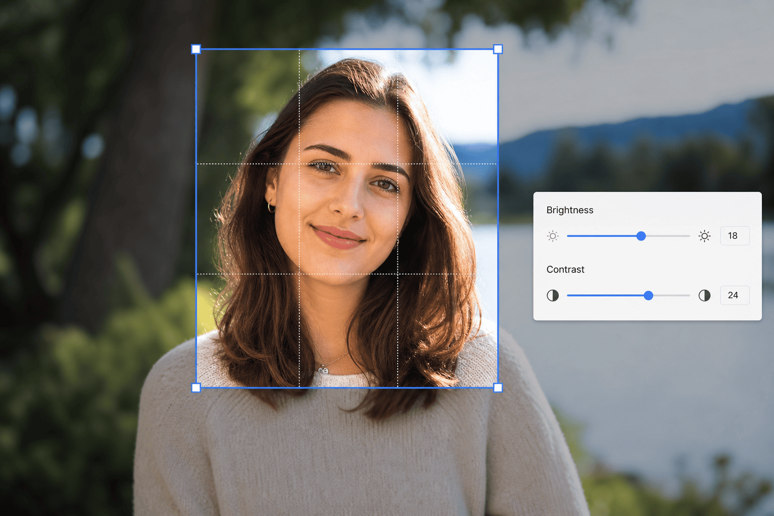 Photo editor concept with a blue selection rectangle over a portrait for local brightness or contrast adjustment