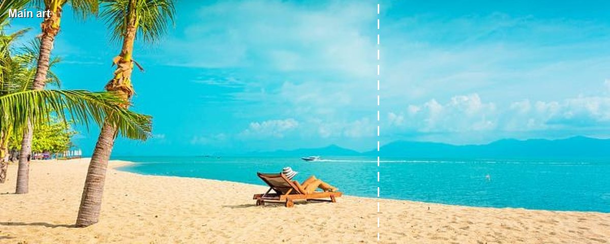 Beach photo cropped to a Twitch profile banner with a dashed line marking the left side for main artwork