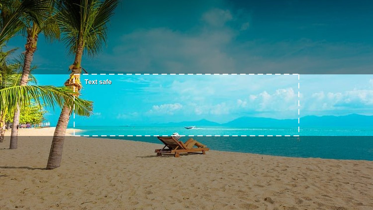 Beach photo framed as a YouTube banner with shaded top and bottom bands and a dashed text-safe box across the middle