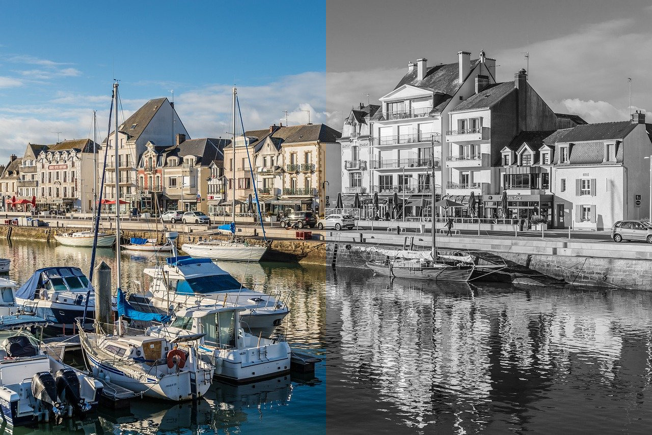 Side by side comparison of color original and grayscale black and white conversion