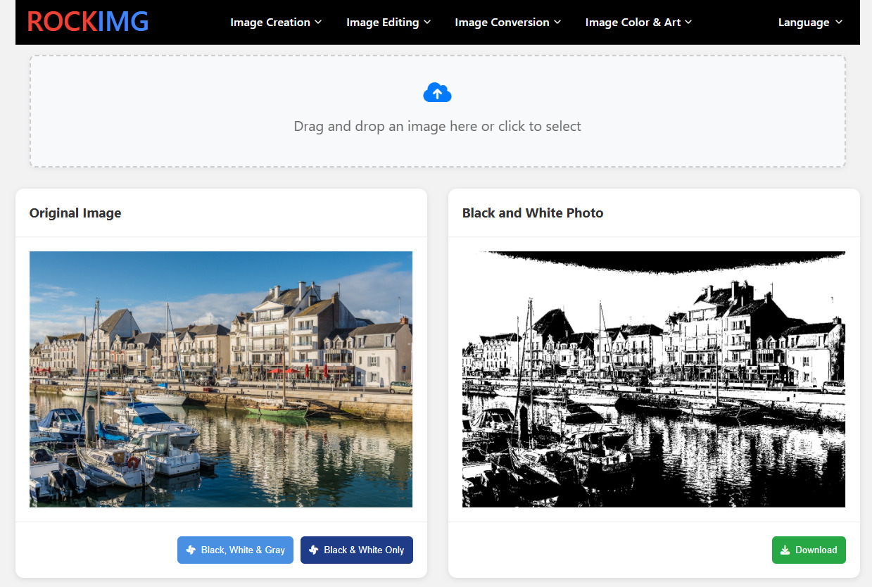 ROCKIMG Black and White Photo Converter tool page with uploaded image and conversion buttons