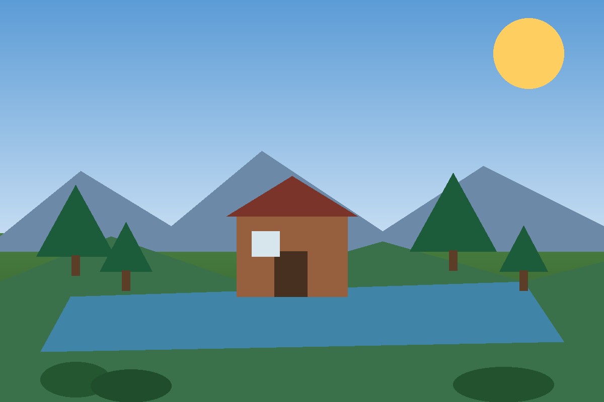 Original 3:2 landscape drawing of a cabin, lake, mountains, trees, and a sun, before a cinematic aspect crop