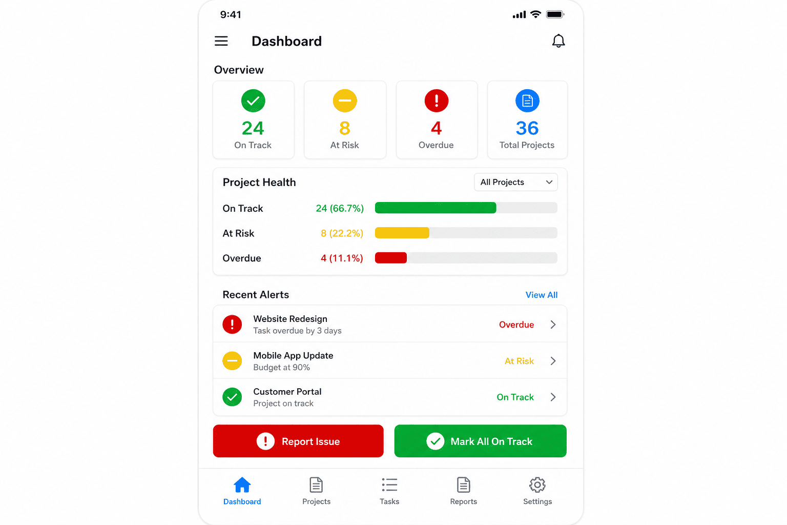 Colorful app dashboard UI with red and green status badges and chart bars as seen with typical color vision