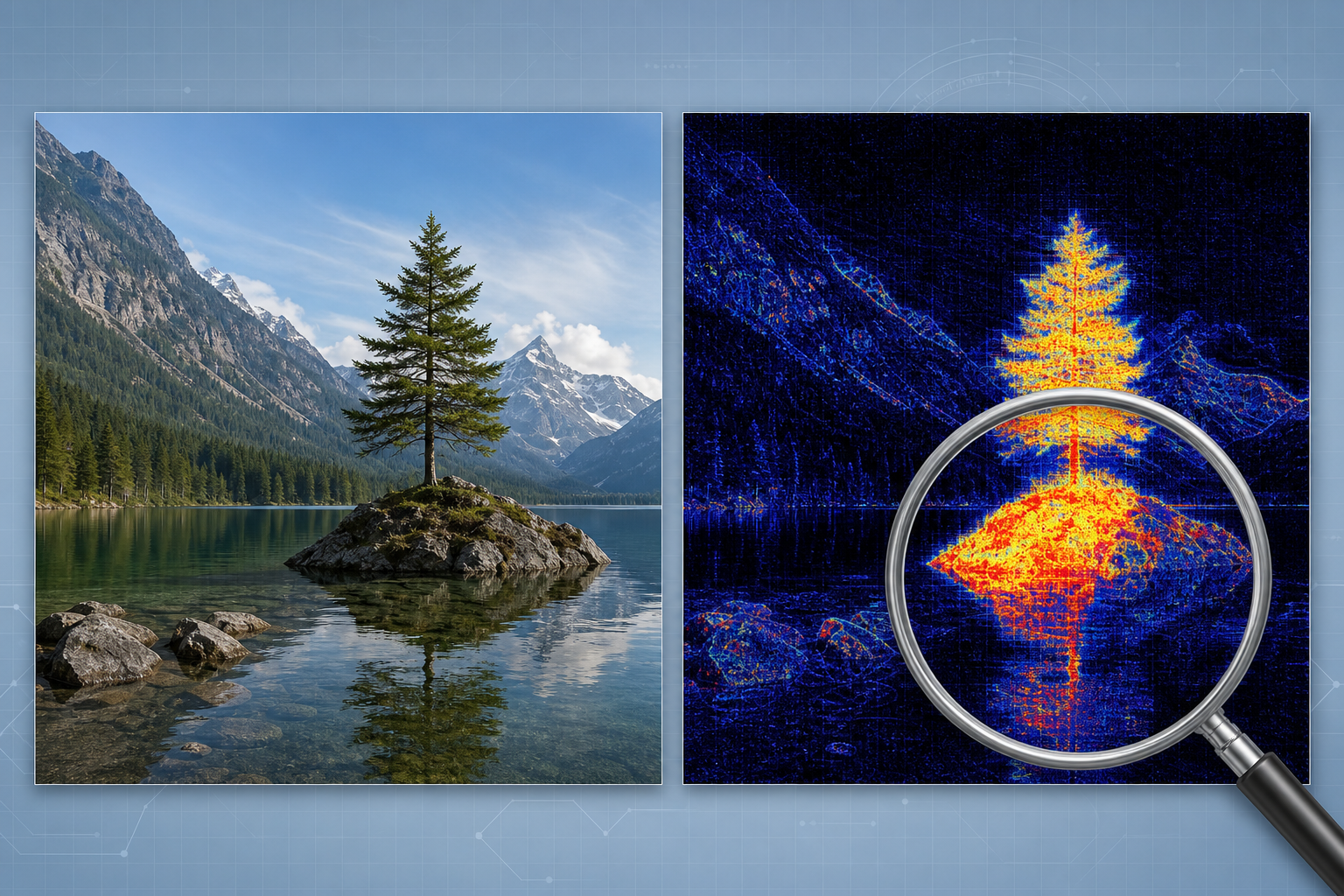 Side-by-side photo and Error Level Analysis heat map highlighting regions that may have been pasted or re-compressed