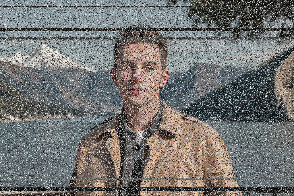 Portrait with data corruption glitch art—horizontal band displacement
