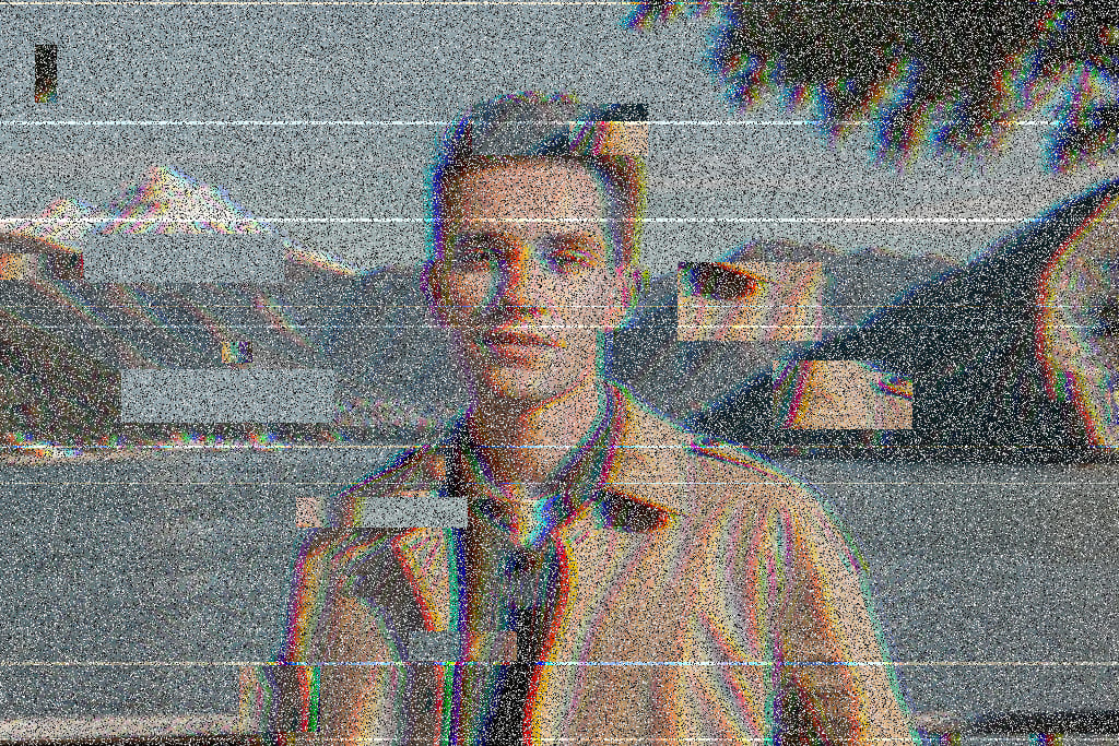 Portrait with RGB shift glitch art—cyan and magenta channel split at high intensity