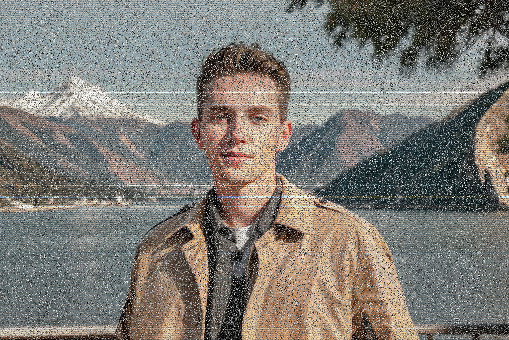 Portrait with VHS lines and scan lines for retro glitch art look