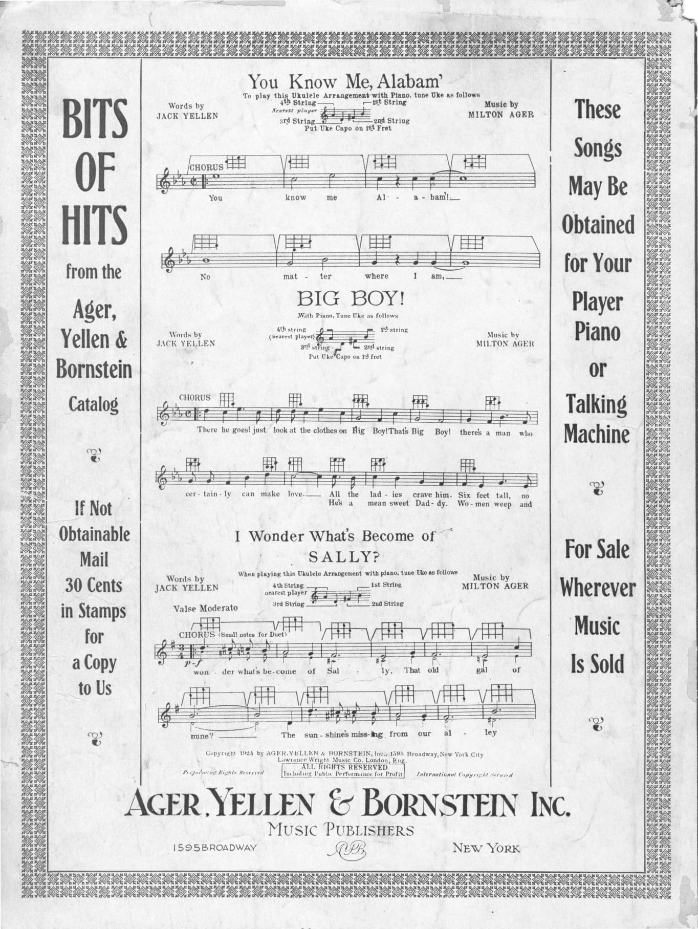 Original vintage 1924 sheet music catalog page before highlighting text