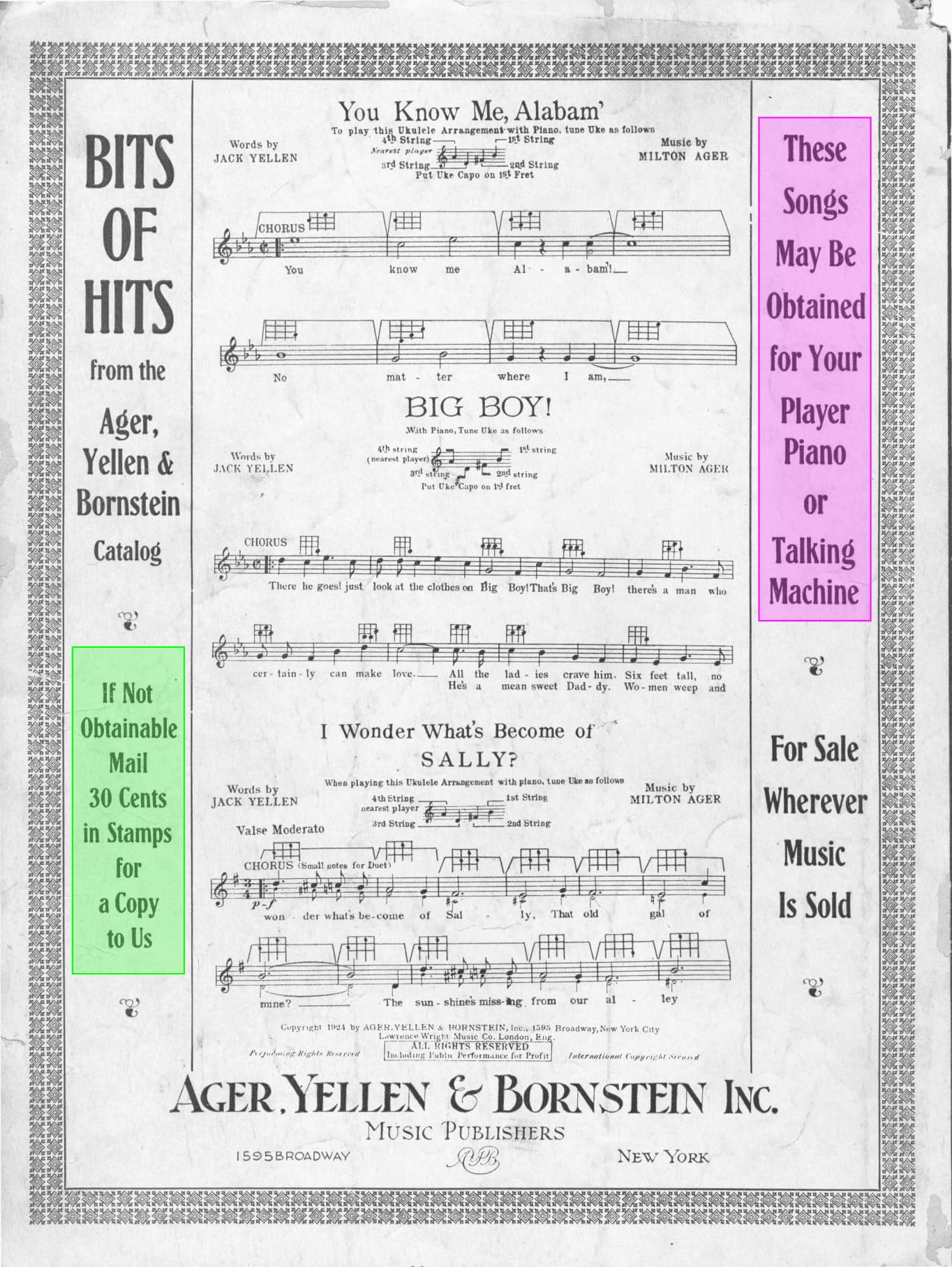 Same catalog page with green and pink highlights over key ordering and purchase text