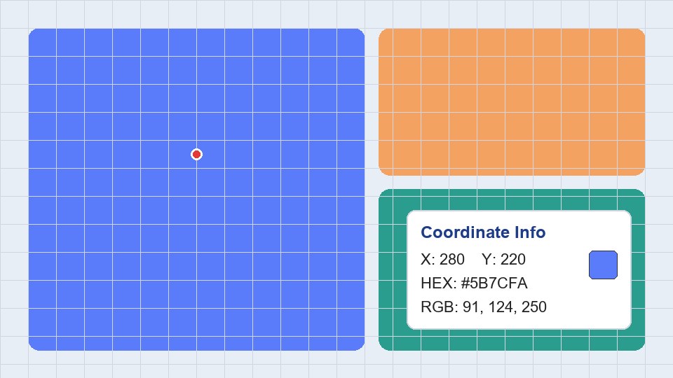 Screenshot concept showing an image with a marker and live X Y HEX and RGB coordinate info