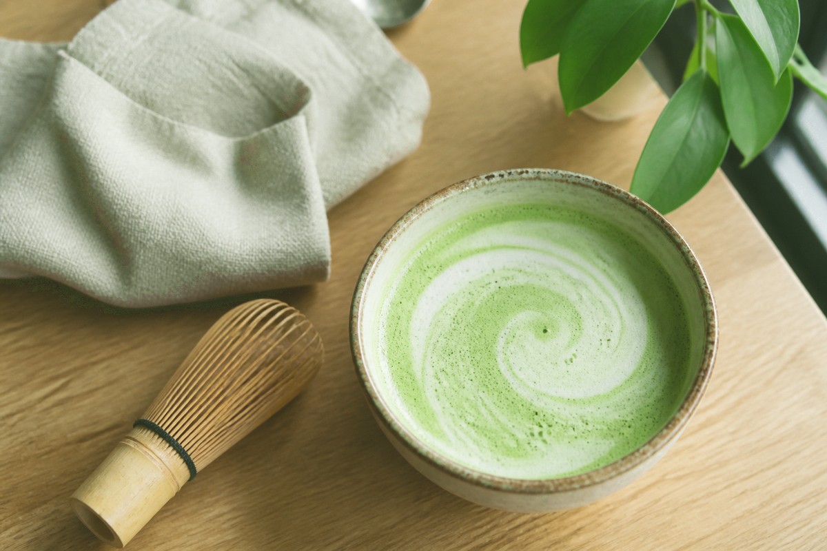 Matcha latte photo with Iced Matcha filter—brighter mint greens and cooler cream highlights