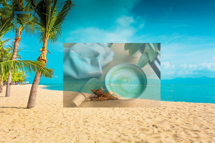 Beach photo with a small faded logo at the upper left and a larger semi-transparent photo inset
