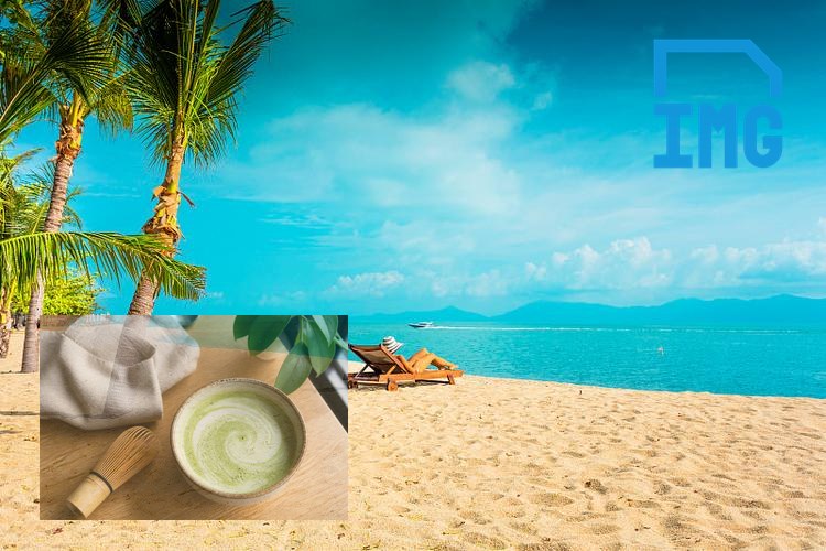 Beach photo with a matcha photo at the lower left and a logo at the upper right