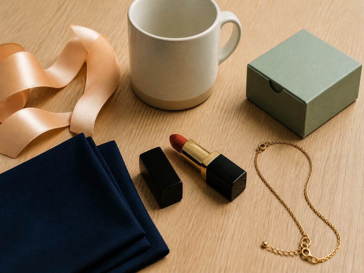 Overhead product still life with coral lipstick, navy fabric, sage box, cream mug, gold chain, and peach ribbon