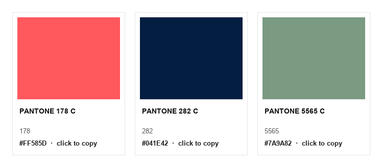 Three Pantone-style swatch cards showing color blocks, PANTONE codes, names, and HEX values with click to copy