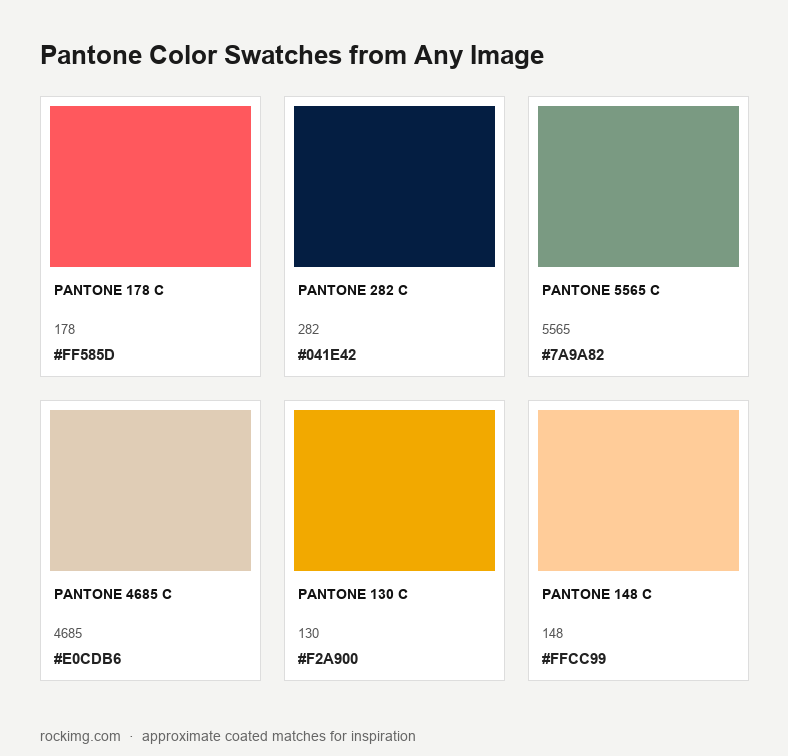 Downloadable Pantone-style swatch sheet with six approximate coated color chips, codes, and HEX values