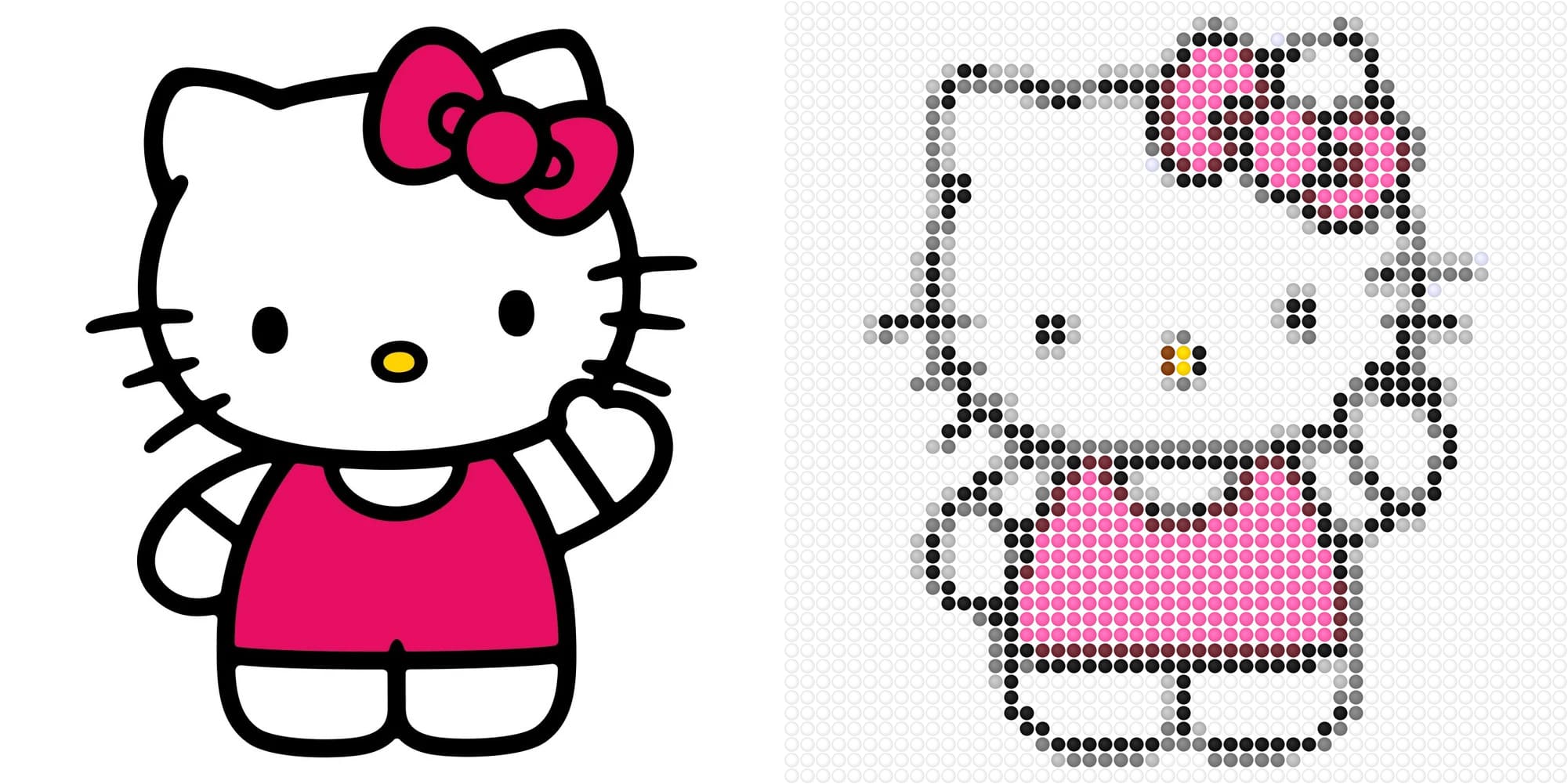 Hello Kitty original image and Perler bead pattern comparison
