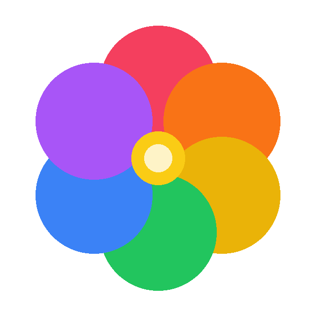 Six-petal flower icon on white, with red, orange, yellow, green, blue, and purple petals around a gold center