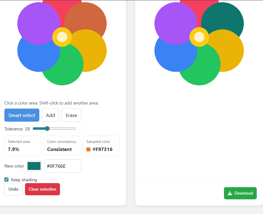 Recolor Image workshop with Smart select active, tolerance 28, 7.9 percent selected, sampled color F97316, new color 0F766E, and the teal result beside it